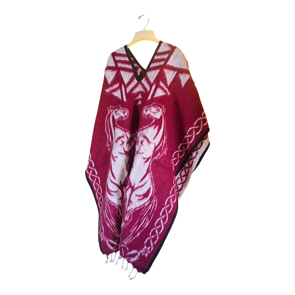 Elegant Burgundy Poncho with Horse Design